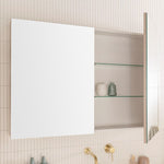 ADP Glacier Lite shaving cabinet, open mirrored door showing glass shelves and white interior above a vanity