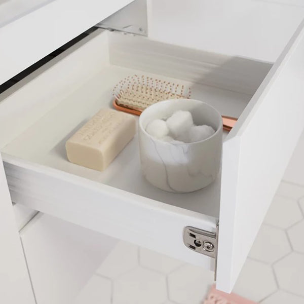 ADP Glacier Lite vanity drawer with white interior and organiser tray, showing soft-close hardware detail