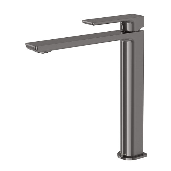 Phoenix Gloss MKII vessel mixer in brushed carbon, tall square basin tap on white background