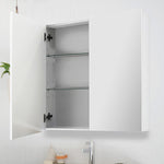 ADP Gloss Silk 2-door shaving cabinet in white, wall-mounted and open to show mirrored doors and glass shelves