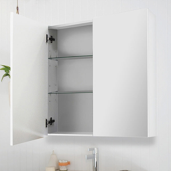 ADP Gloss Silk 2-door shaving cabinet in white, wall-mounted and open to show mirrored doors and glass shelves
