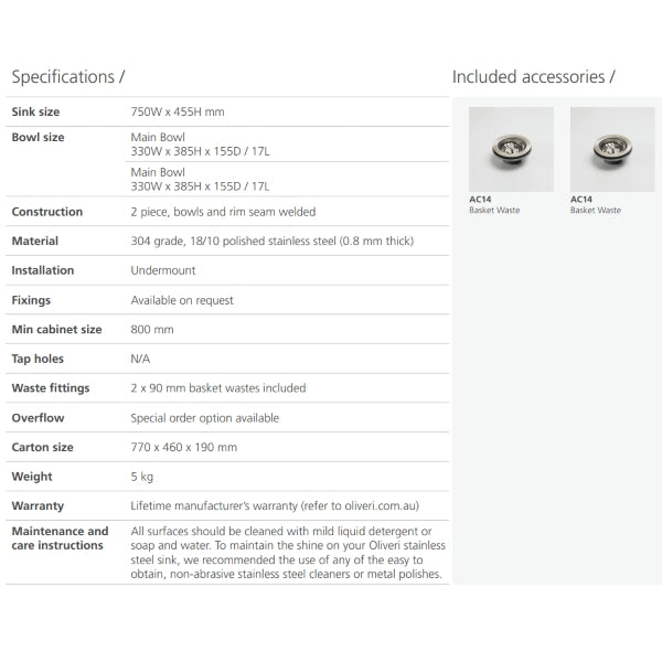 Oliveri Endeavour double bowl undermount sink specifications sheet with included basket wastes on white background