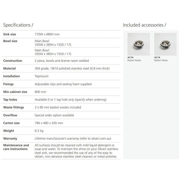 Oliveri Endeavour double bowl topmount stainless steel sink specifications sheet with included basket wastes