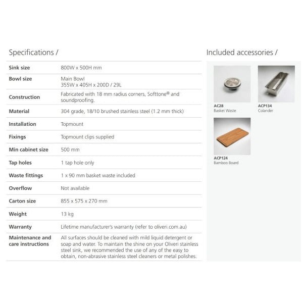 Oliveri Apollo stainless steel single bowl kitchen sink with drainer, specs sheet and included accessories shown