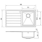 Oliveri Apollo stainless steel single bowl sink with drainer, topmount technical drawing with dimensions and 1 tap hole