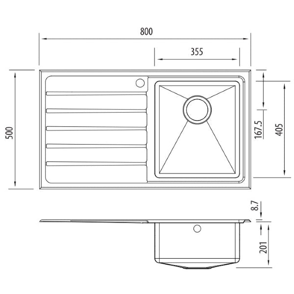 Oliveri Apollo stainless steel single bowl sink with drainer, topmount technical drawing with dimensions and 1 tap hole