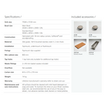 Oliveri Apollo stainless steel 1 & 3/4 bowl kitchen sink, specifications sheet with included basket waste, bamboo board and colander