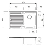 Technical drawing of Oliveri Diaz single bowl topmount stainless steel sink with left-hand drainer, 770 x 480 mm