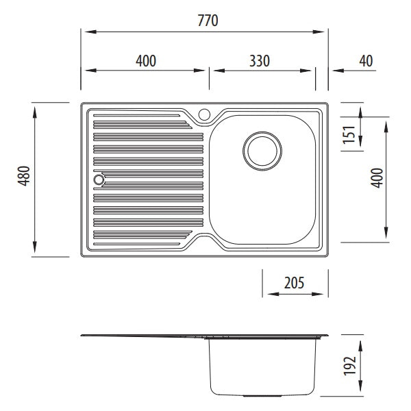 Technical drawing of Oliveri Diaz single bowl topmount stainless steel sink with left-hand drainer, 770 x 480 mm