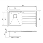 Oliveri Apollo single bowl stainless steel sink with left-hand drainer, technical drawing with dimensions