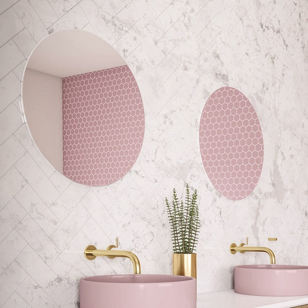 Thermogroup round polished edge mirror in a bathroom setting, frameless silver wall mirror with polished edge, 500mm diameter