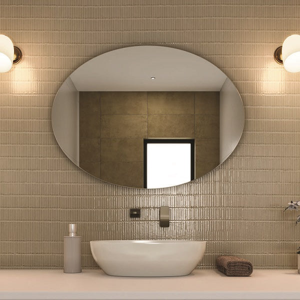 Thermogroup oval polished edge mirror, landscape on tiled bathroom wall above vanity basin with lights on either side