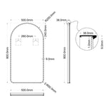 Ingrain arch mirror technical drawing, 500 x 900mm brushed gold framed wall mirror with 38mm depth