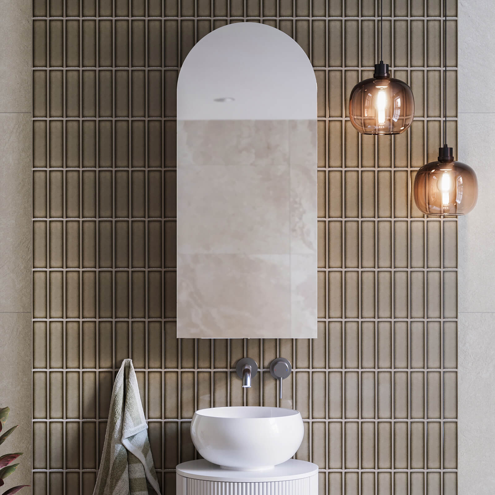 Ingrain Ash arched shaving cabinet in woodgrain finish, shown above a basin in a modern bathroom setting