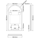 Ingrain Arch frameless LED mirror technical drawing, 500 x 900mm, with wall-mount dimensions and side profile