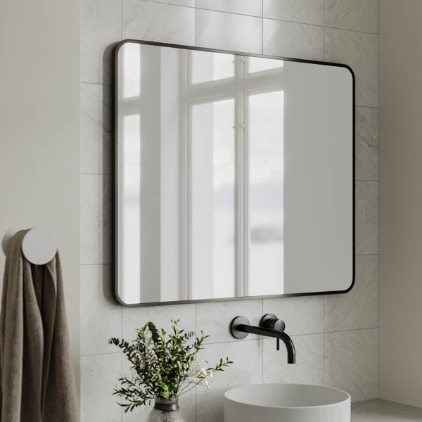 Ingrain rectangular matte black framed bathroom mirror, landscape wall-hung above vanity in tiled room