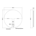 Ingrain round frameless backlit LED mirror technical drawing, 600mm x 600mm, with side profile and switch positions