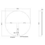 Technical drawing of Ingrain round frameless backlit LED mirror, 800mm diameter, with side profile and anti-fog switch detail