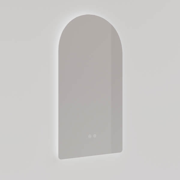 Ingrain frameless arch LED mirror with touch sensor, portrait wall-hung, shown front on in grey setting