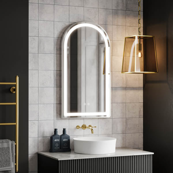 Ingrain arch frontlit LED mirror with brushed nickel frame, wall hung in a modern bathroom vanity setting