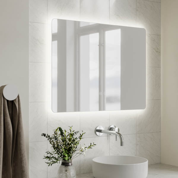 Ingrain frameless rectangular backlit LED mirror, 800 x 600mm, wall hung in a modern bathroom with soft underglow
