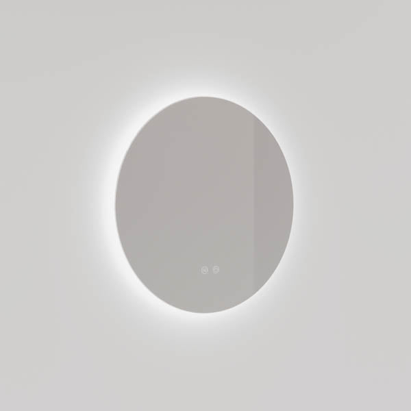 Ingrain round frameless backlit LED mirror with soft halo lighting, wall mounted against a light grey wall