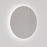 Ingrain round frameless backlit LED mirror with soft halo lighting and touch controls, wall hung in white finish