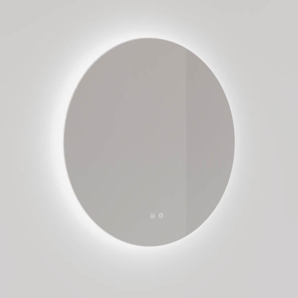 Ingrain round frameless backlit LED mirror with soft halo lighting and touch controls, wall hung in white finish