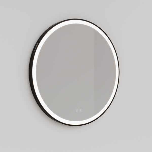 Ingrain round matte black framed frontlit LED mirror, wall hung with illuminated edge on grey wall