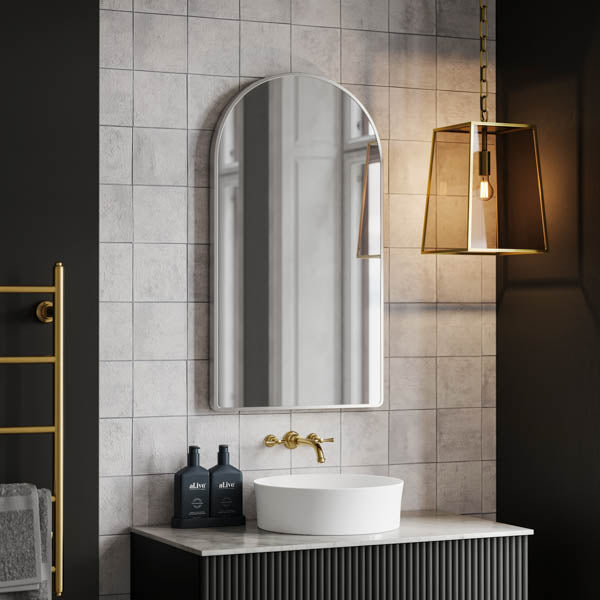Ingrain arch wall mirror with brushed nickel frame, 500 x 900mm, styled above a bathroom vanity