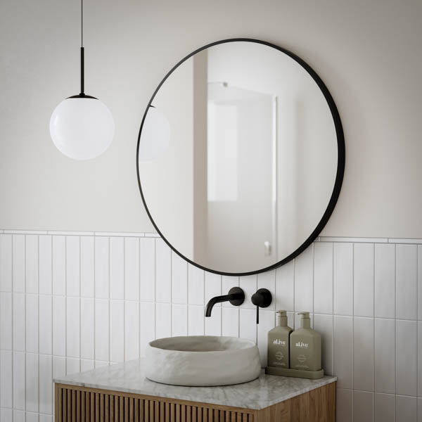 Ingrain round matte black framed mirror 800mm, wall hung above bathroom vanity with basin and pendant light