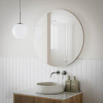 Ingrain round brushed nickel framed mirror 800mm above vanity in modern bathroom setting