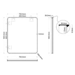 Technical drawing of Ingrain rectangular brushed gold framed mirror, 750 x 900mm, with dimensions and wall-mount details