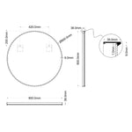 Technical drawing of Ingrain 800mm round brushed gold framed mirror with dimensions and wall-hung fixing points
