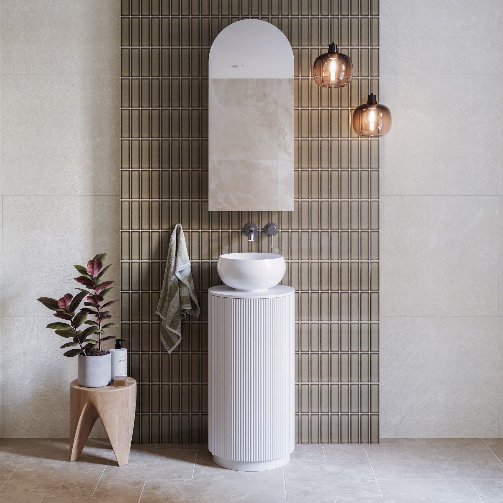 Ingrain round fluted white freestanding powder room vanity with above-counter basin, styled in a modern bathroom