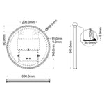 Ingrain round matte black framed LED mirror technical drawing, 600mm diameter, front view and side profile with dimensions