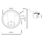 Technical drawing of round Ingrain LED mirror in matte black, showing 800mm dimensions and wall-mounted profile
