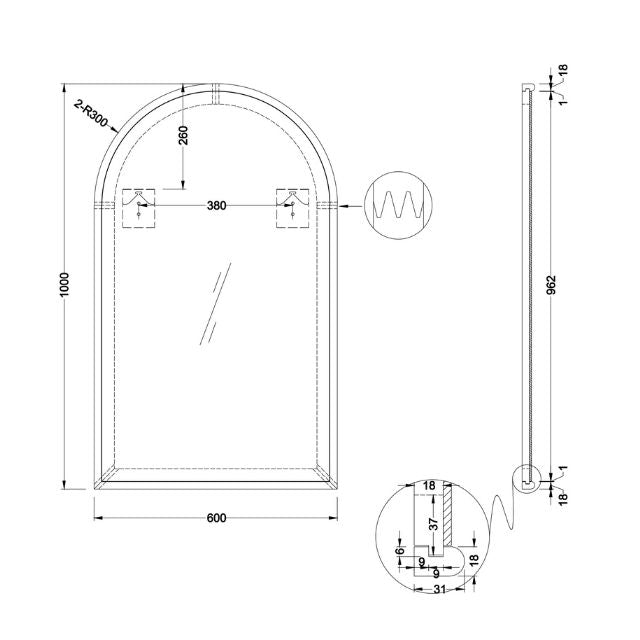 Technical drawing of Ingrain Timber Framed Arch Mirror, showing 600 x 1000mm dimensions and wall-hung mounting details