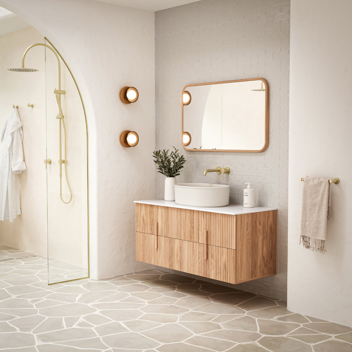 Ingrain timber framed rectangular mirror with ash woodgrain finish, shown wall hung above a bathroom vanity in landscape view