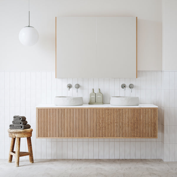 Ingrain Grooved wall hung vanity with fluted woodgrain front, white top and twin basins in a modern bathroom setting