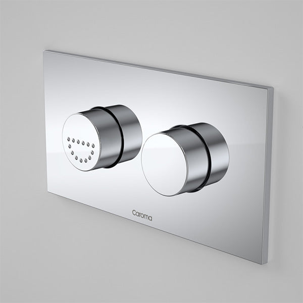 Caroma Invisi Series II chrome round dual flush plate with raised care buttons, wall-mounted concealed toilet buttons