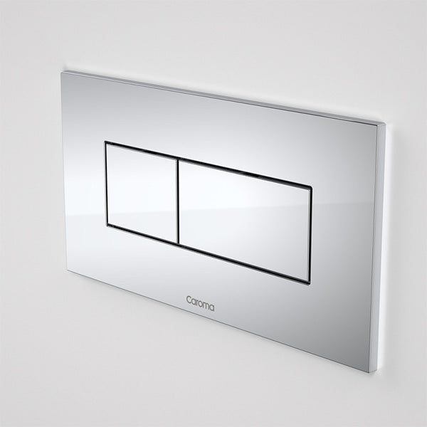 Caroma Invisi Series II chrome rectangular dual flush plate with two buttons, wall-mounted on a white background