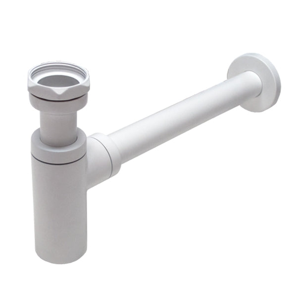 ADP Subway bottle trap in matte white, angled side view with round wall outlet and basin connection