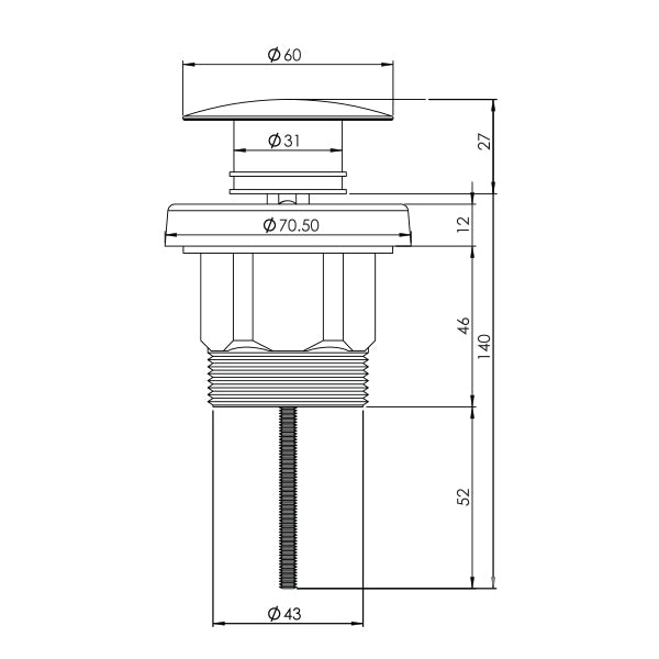 ADP Universal Ultra Mush waste technical drawing, gloss white and chrome basin or bath plug with 40mm thread dimensions