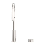 Nero Kara pull out kitchen mixer in brushed nickel, with tall curved spout and separate cylindrical control knob on white background