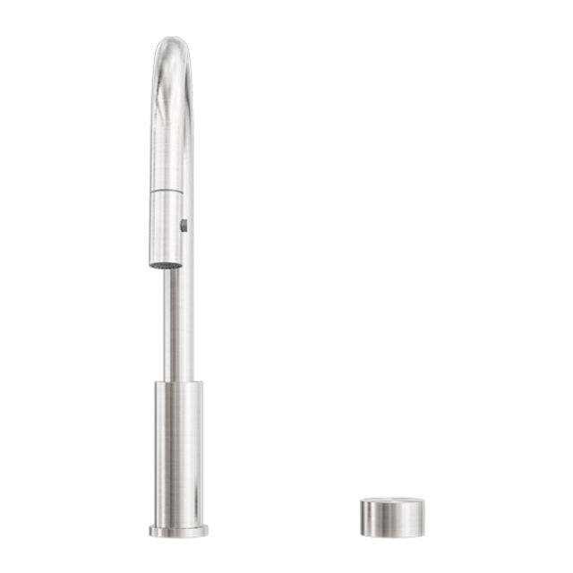 Nero Kara pull out kitchen mixer in brushed nickel, with tall curved spout and separate cylindrical control knob on white background
