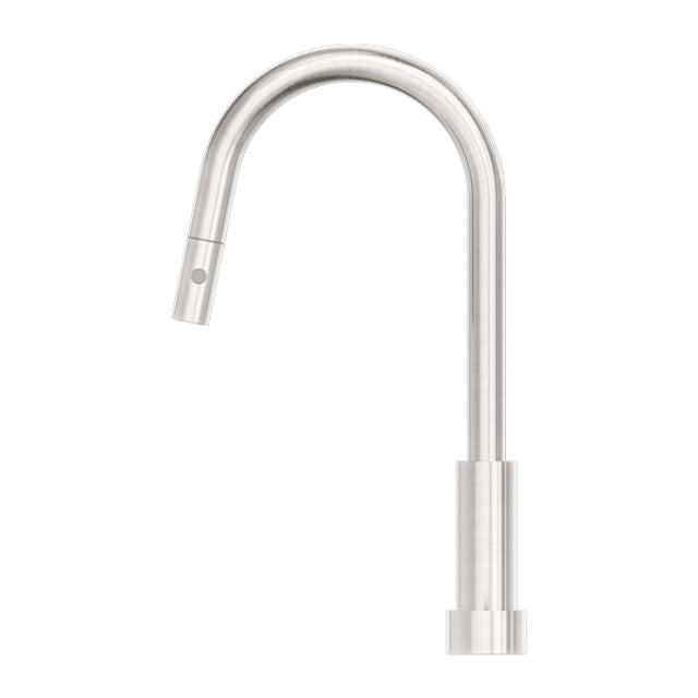 Nero Kara progressive pull out kitchen tap in brushed nickel, side view with arched spout and hob-mounted base