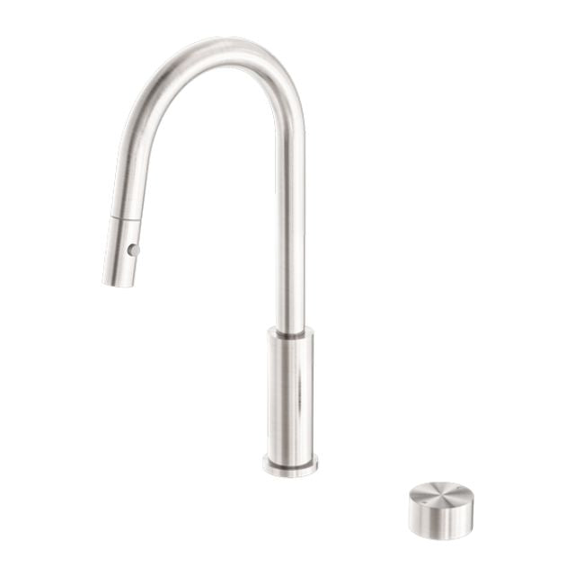 Nero Kara pull out kitchen mixer in brushed nickel, curved hob-mounted tap with separate round control knob on white background