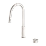 Nero Kara pull out kitchen mixer in brushed nickel, curved hob-mounted tap with separate round control knob on white background
