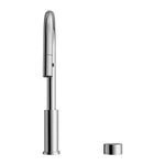 Nero Kara progressive pull out kitchen mixer tap in chrome, shown with separate round base ring on white background